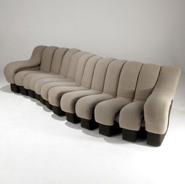 UELI BERGER / DE SEDE Non-stop modular sofa: UELI BERGER / DE SEDE Non-Stop modular sofa upholstered in taupe woven fabric and brown wool. Stendig upholstery tags. 30'' x 113'' x 40''