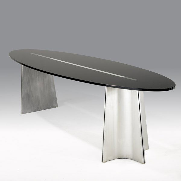 MAISON JANSEN / ARRMET Console table: MAISON JANSEN / ARRMET (Italy) Console table, the elliptical black glass top with clear band, over aluminum base. Arrmet label to one base. 27 3/4'' x 81'' x 30 1/4''