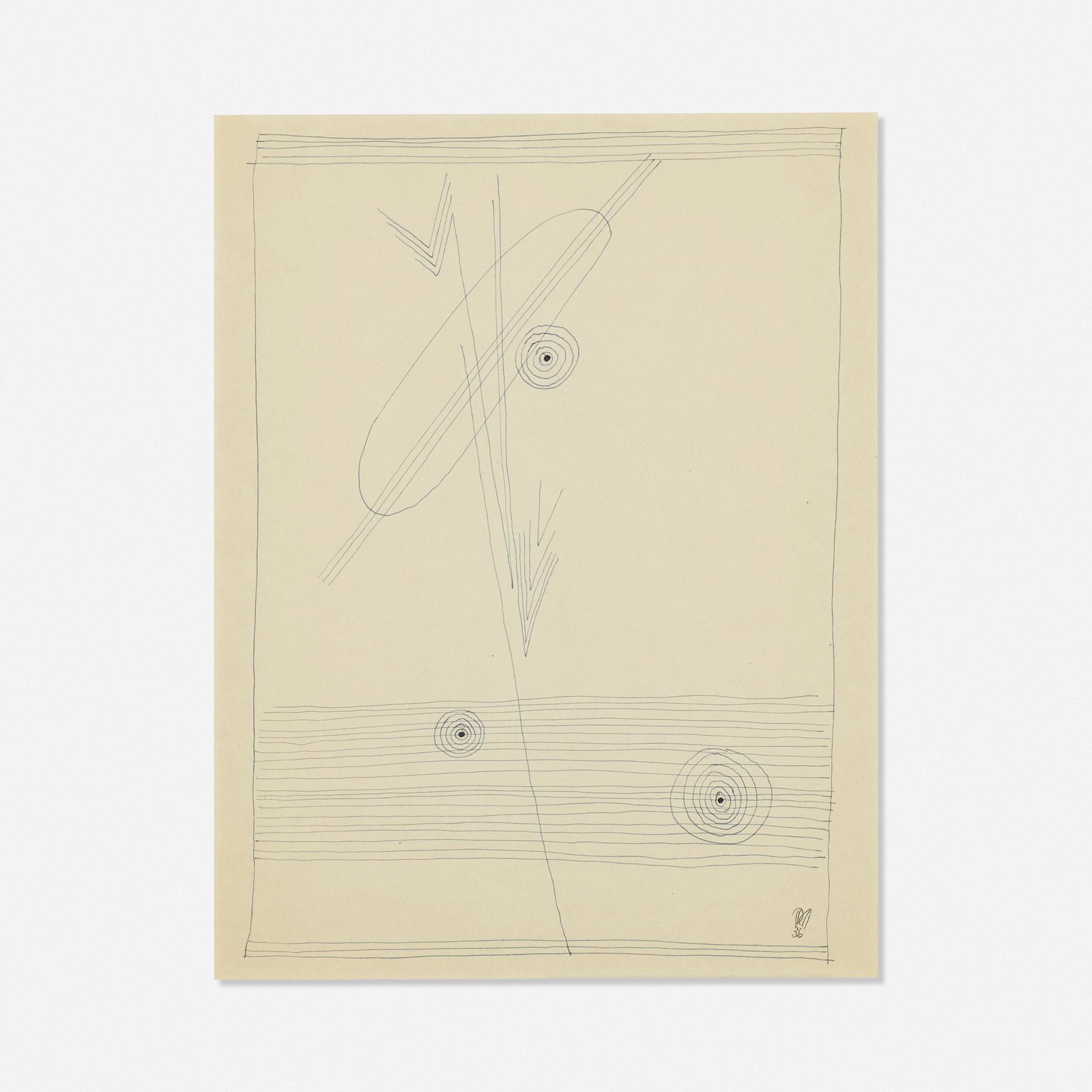 Dwinell Grant, Untitled: Dwinell Grant Untitled 1936 ballpoint pen on paper 11 h × 7.75 w in (28 × 20 cm) Measurements are of sight. Signed and dated to lower right 'DG 36'. Signed and dated to verso 'Dwine