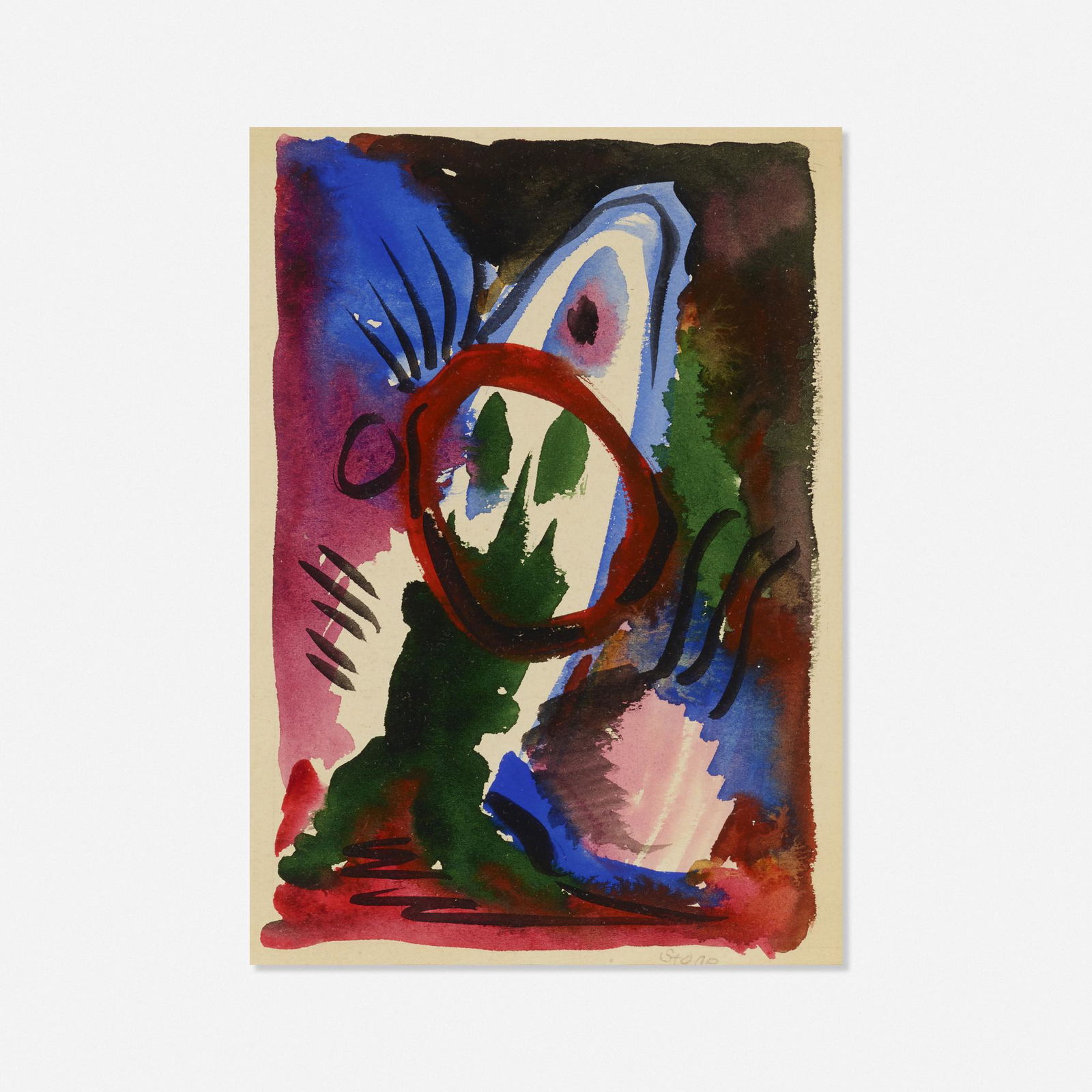 Louis K. Stone, Untitled: Louis K. Stone Untitled watercolor and gouache on paper8.5 h × 5.25 w in (22 × 13 cm) Measurements are of sight. Signed to lower right 'Stone'.