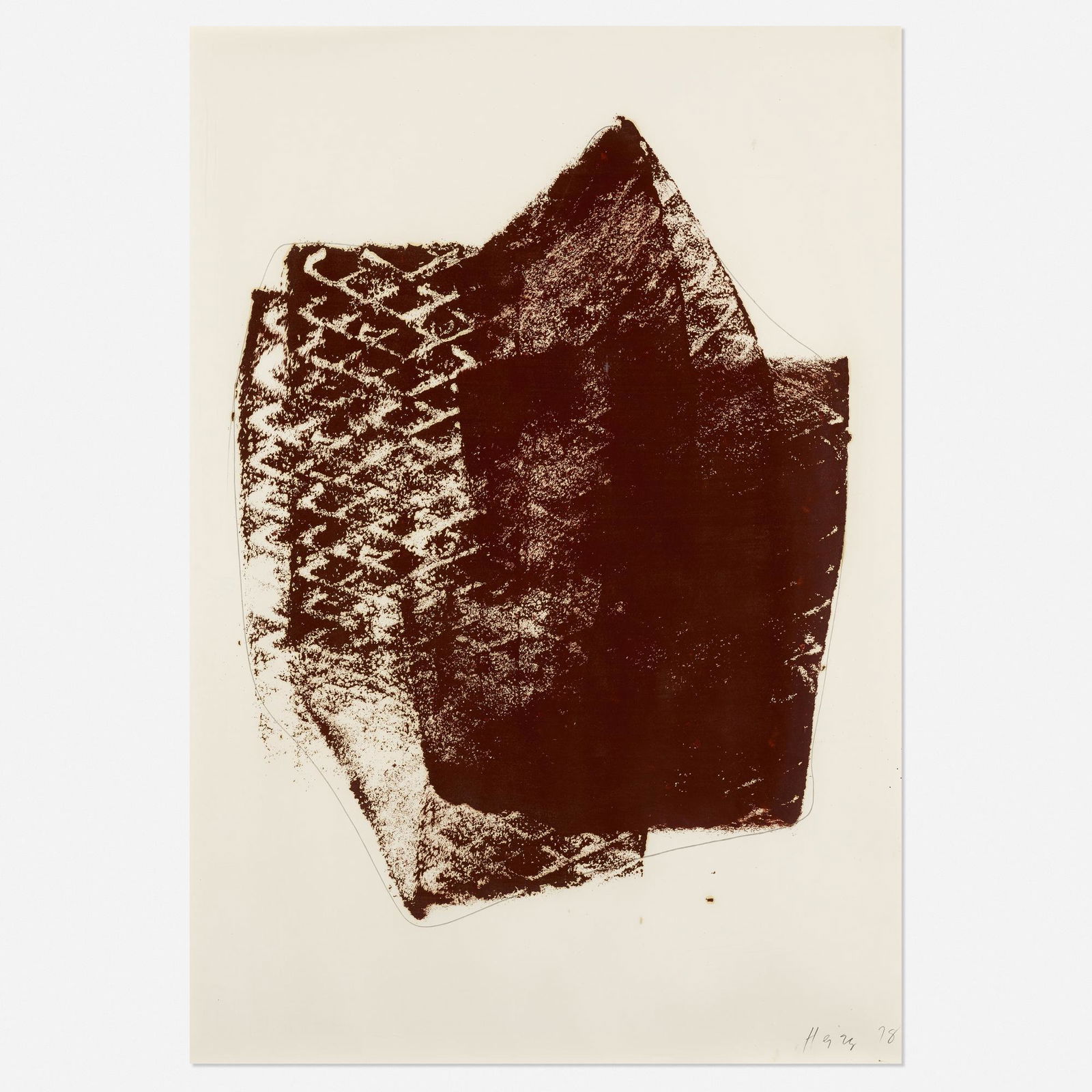 Michael Heizer, Untitled: Michael Heizer Untitled 1978pencil and brown latex on paper39 h × 27.5 w in (99 × 70 cm) Signed and dated to lower right 'Heizer '78'. Provenance: Xavier Fourc