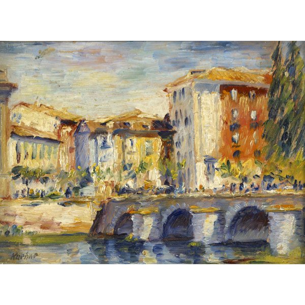 Max Kuehne (American, 1880-1968) City with Arched B: Max Kuehne (American, 1880-1968) City with Arched Bridge; Oil on panel (framed); Stamped; 5 1/2'' x 7 1/2'' (sight); Provenance: Private Collection, New York