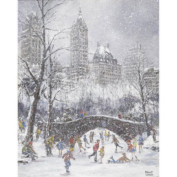 Robert Lebron (American, b. 1928) Two works of art: Robert Lebron (American, b. 1928) Two works of art: Skaters on the Lake in Central Park; Oil on canvas (framed); Signed and titled; 20'' x 16''; New York, Central Park South, Twilight; Oil on canvas (