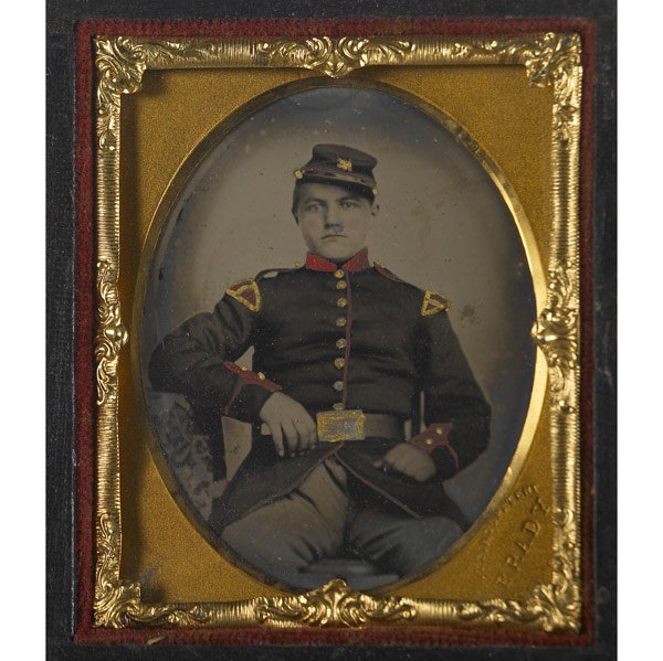 Portrait of a young Civil War soldier; Hand-tinted: Portrait of a young Civil War soldier; Hand-tinted ninth-plate ambrotype (cased image); Stamped ''BRADY'' (possibly Matthew B. Brady)