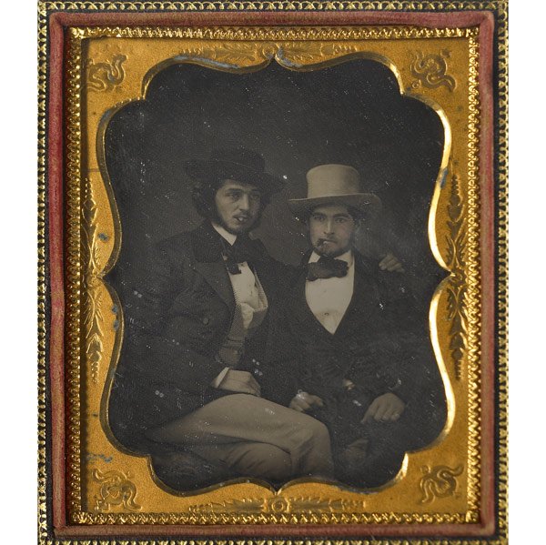Portrait of a pair of dandies smoking cigars; Hand: Portrait of a pair of dandies smoking cigars; Hand-tinted quarter-plate daguerreotype (cased image)