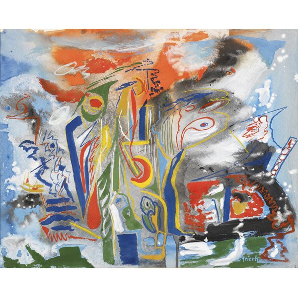 Joseph Meierhans (Swiss/American, 1890-1980) Two w: Joseph Meierhans (Swiss/American, 1890-1980) Two works of art: Untitled; Mixed media on paper (framed); Signed; 12'' x 18'' (sheet); Untitled; Mixed media on paper (framed); Signed; 16 1/8'' x 20 1/8'