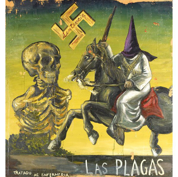 Manuel Ocampo (Filipino, b. 1965) Tratado de Enfe: Manuel Ocampo (Filipino, b. 1965) Tratado de Enfermeria (Sentencia), 1990; Oil on wood; Signed, dated and titled; 48'' x 47 3/4''; Provenance: Fred Hoffman Gallery, Santa Monica (label on verso); Priv