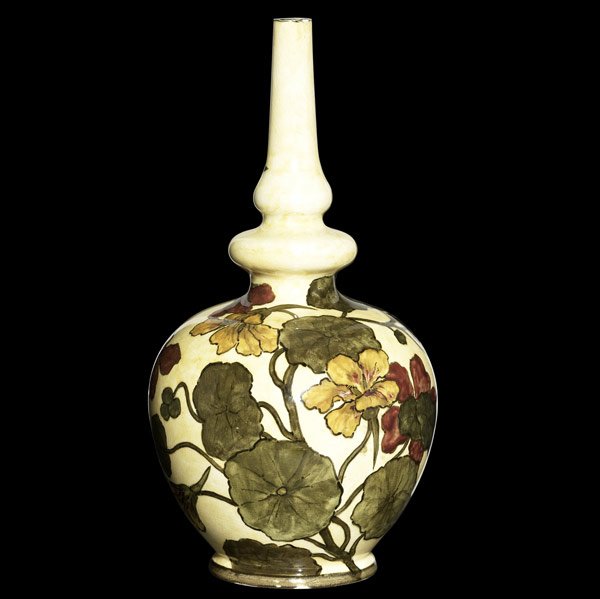 JOHN BENNETT Bottle with nasturtium: JOHN BENNETT Bottle of rosewater sprinkler form painted with red nasturtium and green leaves on a rich mottled yellow ground. Small nicks to rim. Signed J.BENNETT E 24 N.Y. CR. 10 1/4'' x 5''