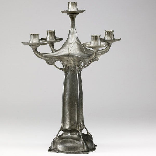 J.P. KAYSER SOHN Art Nouveau pewter candelabrum: J.P. KAYSER SOHN Art Nouveau pewter candelabrum designed by Hugo Leven, c. 1906. Some dents to trays, missing bobeches. Marked: KAYSERZINN 4486. 19'' x 11''