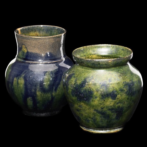 GEORGE OHR Two vases with green and indigo glaze: GEORGE OHR Two cabinet vases covered in a very similar sponged on green and indigo glaze. Both stamped G.E. Ohr Biloxi, Miss. 3 1/3'' and 3 3/4''