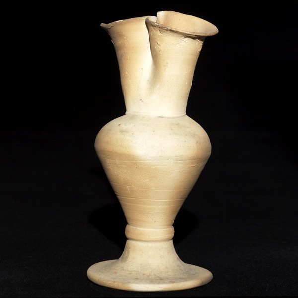 GEORGE OHR Two-lobed bisque vase: GEORGE OHR Bisque fired footed vase with a double-lobed rim. Very minor wear to rim. Script signature. 6 1/2'' x 3''