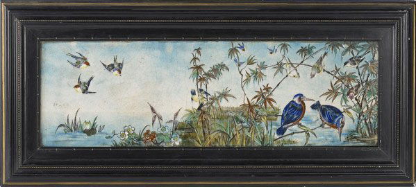 THEODORE DECK Fine and large enameled panel: THEODORE DECK Fine and large enameled panel painted in the Japonesque style with birds in a marsh, c. 1875. Mounted in period Aesthetic movement frame. Restoration to crack and to corner. Signed TH De