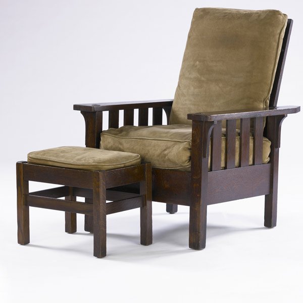 LIFETIME Morris chair and footstool: LIFETIME Morris chair (no. 573) and footstool (no. 401), the slats to the loose cushion seat sitting on wooden slats. Buck leather upholstery. Footstool stenciled and marked Paine Furniture. 40 1/2'' 