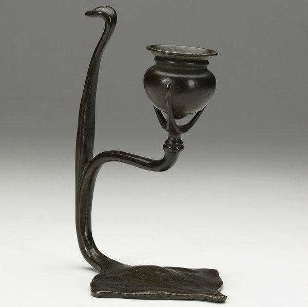 TIFFANY STUDIOS Bronze chamberstick: TIFFANY STUDIOS Bronze chamberstick with leaf base. A few minor scratches to original dark patina. TIFFANY STUDIOS NEW YORK TS 1203. 8 1/4'' x 6''