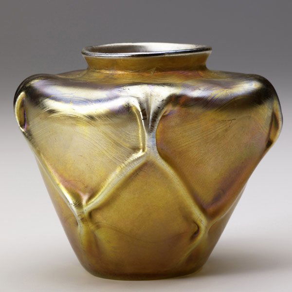 TIFFANY STUDIOS Gold Favrile vase: TIFFANY STUDIOS Unusual gold Favrile glass vase in a pinched trellis pattern. Etched 2511D L.C. TIFFANY FAVRILE. 3 3/4'' x 4''