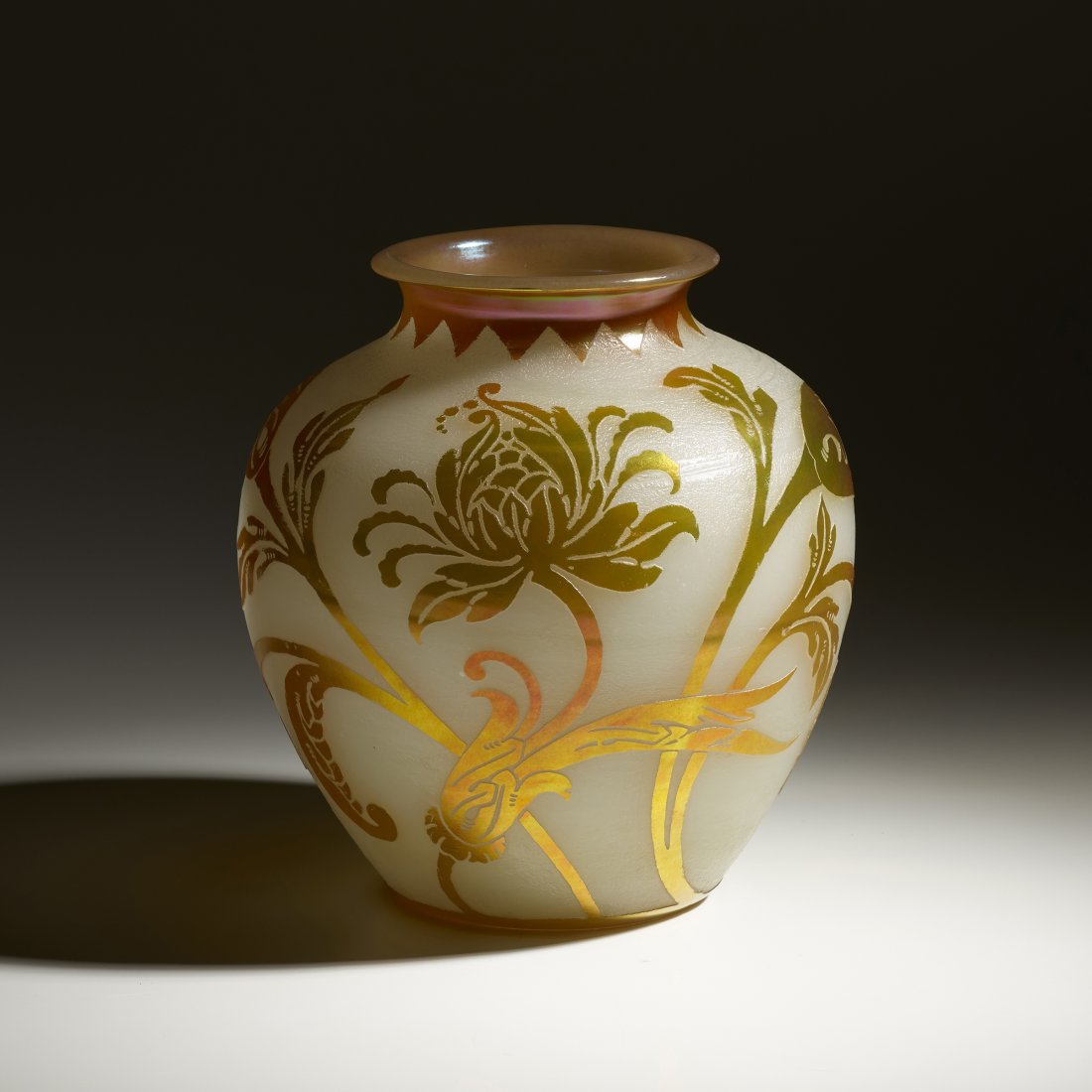 Steuben, Shelton vase: Steuben Shelton vase USA, c. 1928acid-etched Gold Aurene over Alabaster glass11.75 h × 10.5 dia in (30 × 27 cm) Literature: Frederick Carder and Steuben Glass, Dimitroff e