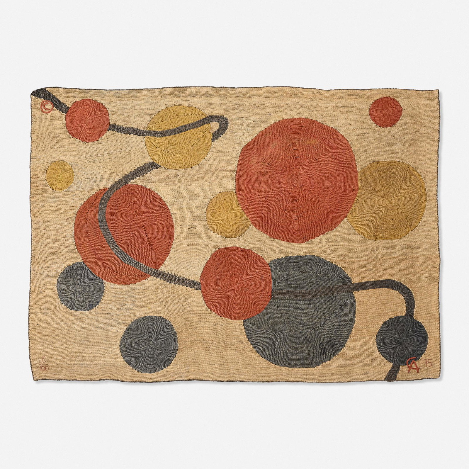 After Alexander Calder, Tapestry: After Alexander Calder Tapestry CAC Publications/Bon Art USA, 1975 hand-woven maguey fiber 75 h × 98 w in (190 × 249 cm) Woven signature, date, and number to upper left, lower left