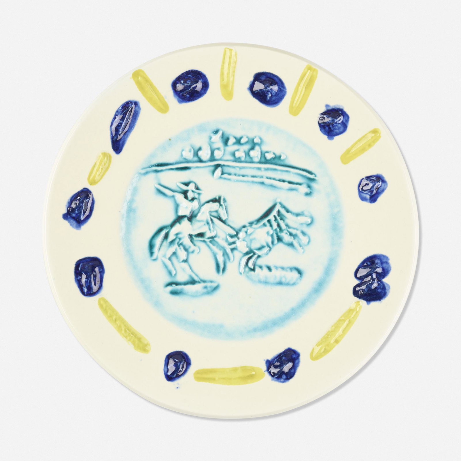 Pablo Picasso, Picador plate: Pablo Picasso Picador plate Madoura Pottery Spain / France, 1953 glazed white earthenware clay with engobe decoration .75 d × 8.75 dia in (2 × 22 cm) Impressed manufacturer's mark