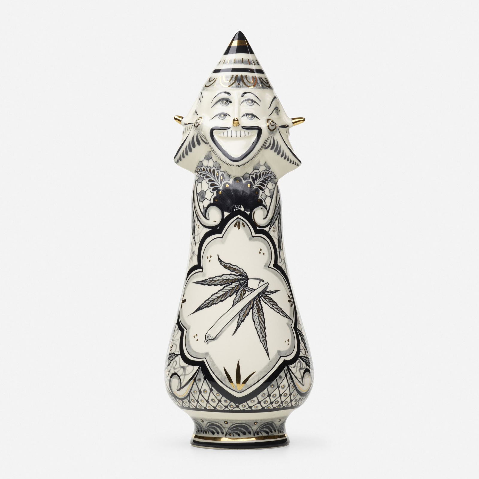 Eduardo Sarabia and Marcel Dzama, sculpture: Eduardo Sarabia and Marcel Dzama There Should Be a Jester in the Game of Chess Mexico, 2016glazed and gilt earthenware16 h × 5.5 dia in (41 × 14 cm) Glazed signature to underside of r