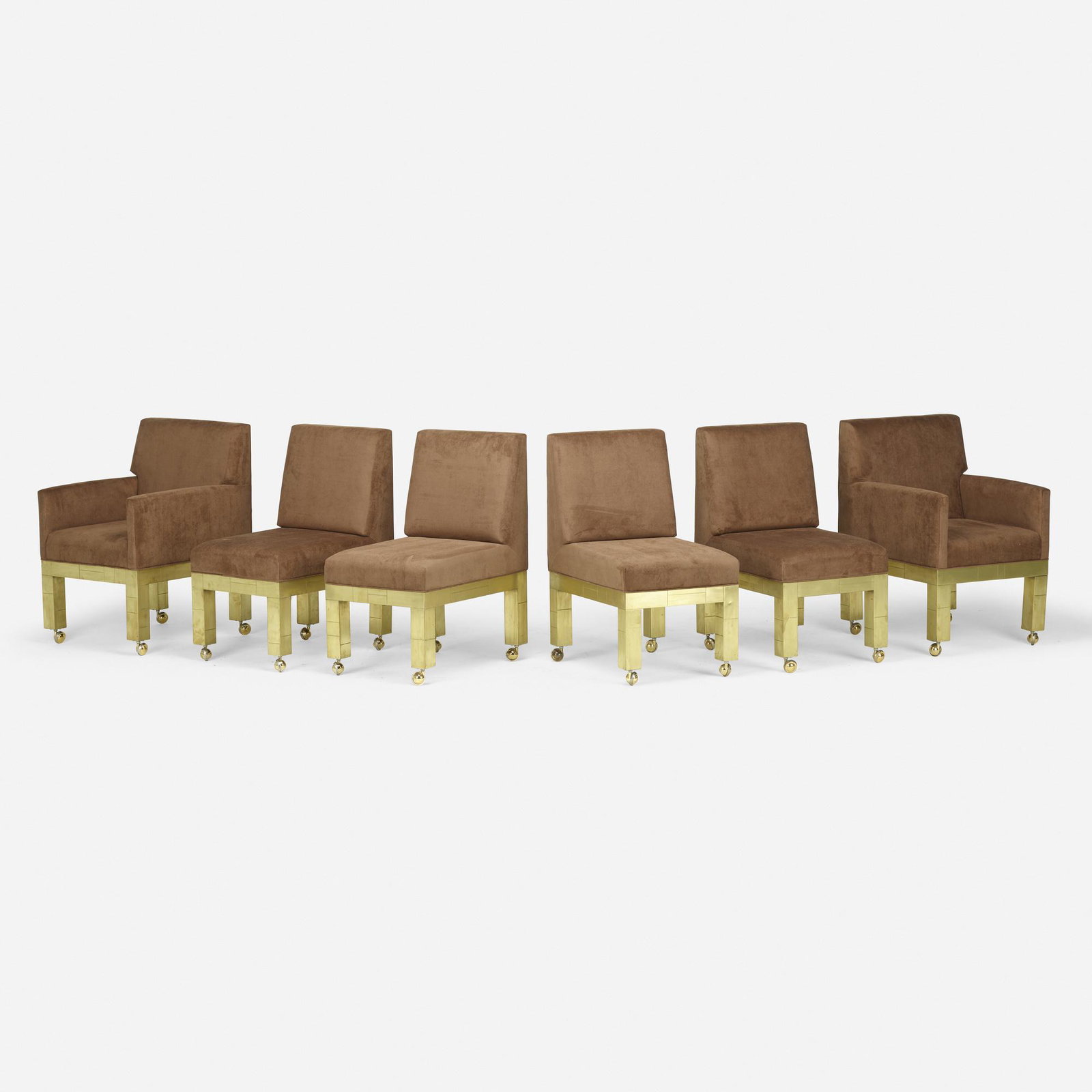 Paul Evans, Cityscape dining chairs, set of six: Paul Evans Cityscape dining chairs models PE 240 and PE 241, set of six Paul Evans Studio for Directional USA, c. 1975 brass, upholstery, plastic 34 h × 21.5 w × 25.5 d in (86 × 55