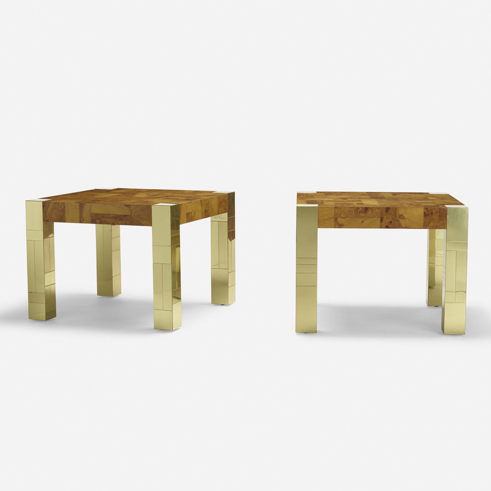 Paul Evans, Cityscape occasional tables, pair: Paul Evans Cityscape occasional tables, pair Paul Evans Studio for DirectionalUSA, c. 1970maple burl veneer, brass24.75 h × 32 w × 32 d in (63 × 81 × 81 cm) Impresse