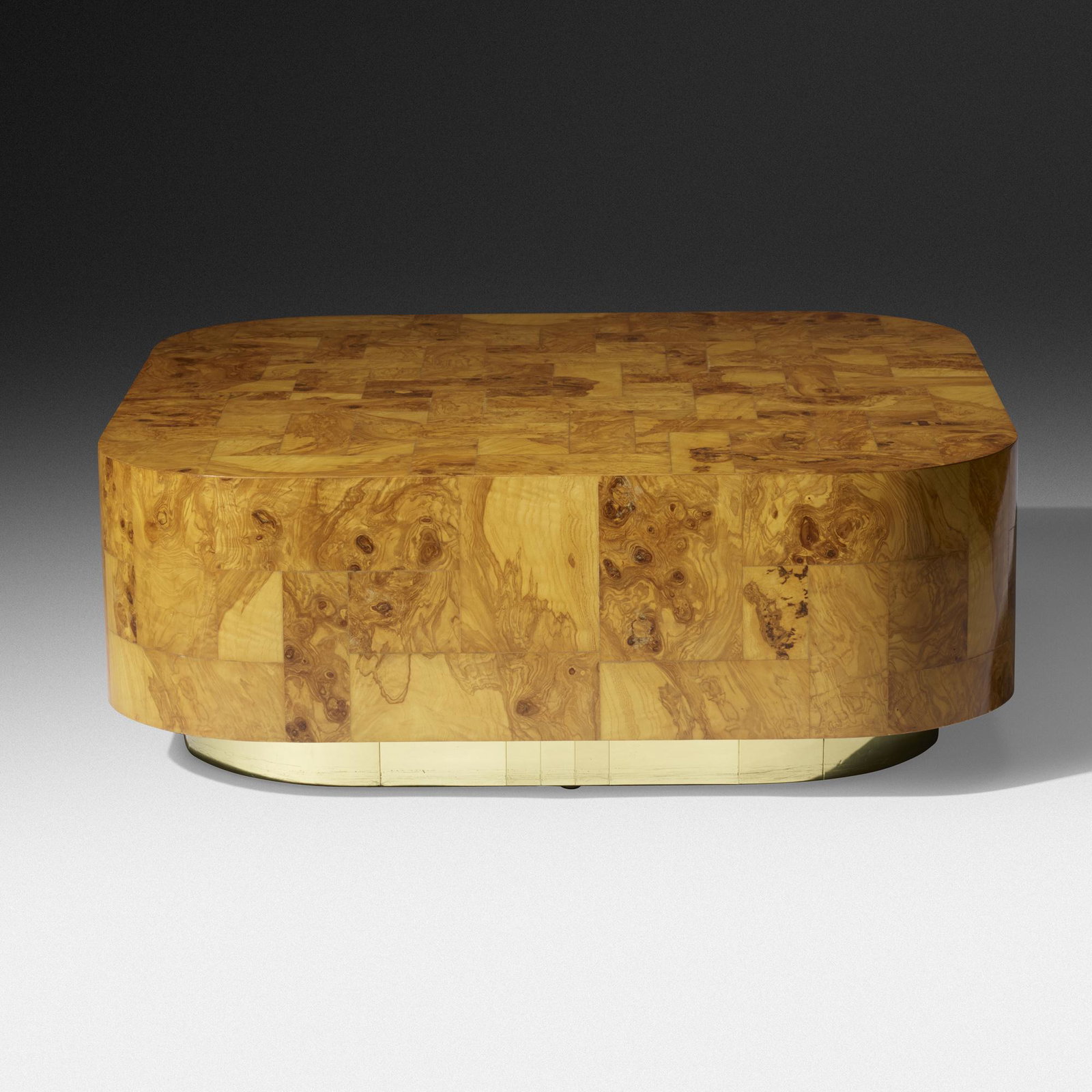Paul Evans, Cityscape coffee table: Paul Evans Cityscape coffee table from the PE 500 series Paul Evans Studio for Directional USA, c. 1970 maple burl veneer, brass 15.5 h × 42.25 w × 42.25 d in (39 × 107 × 107