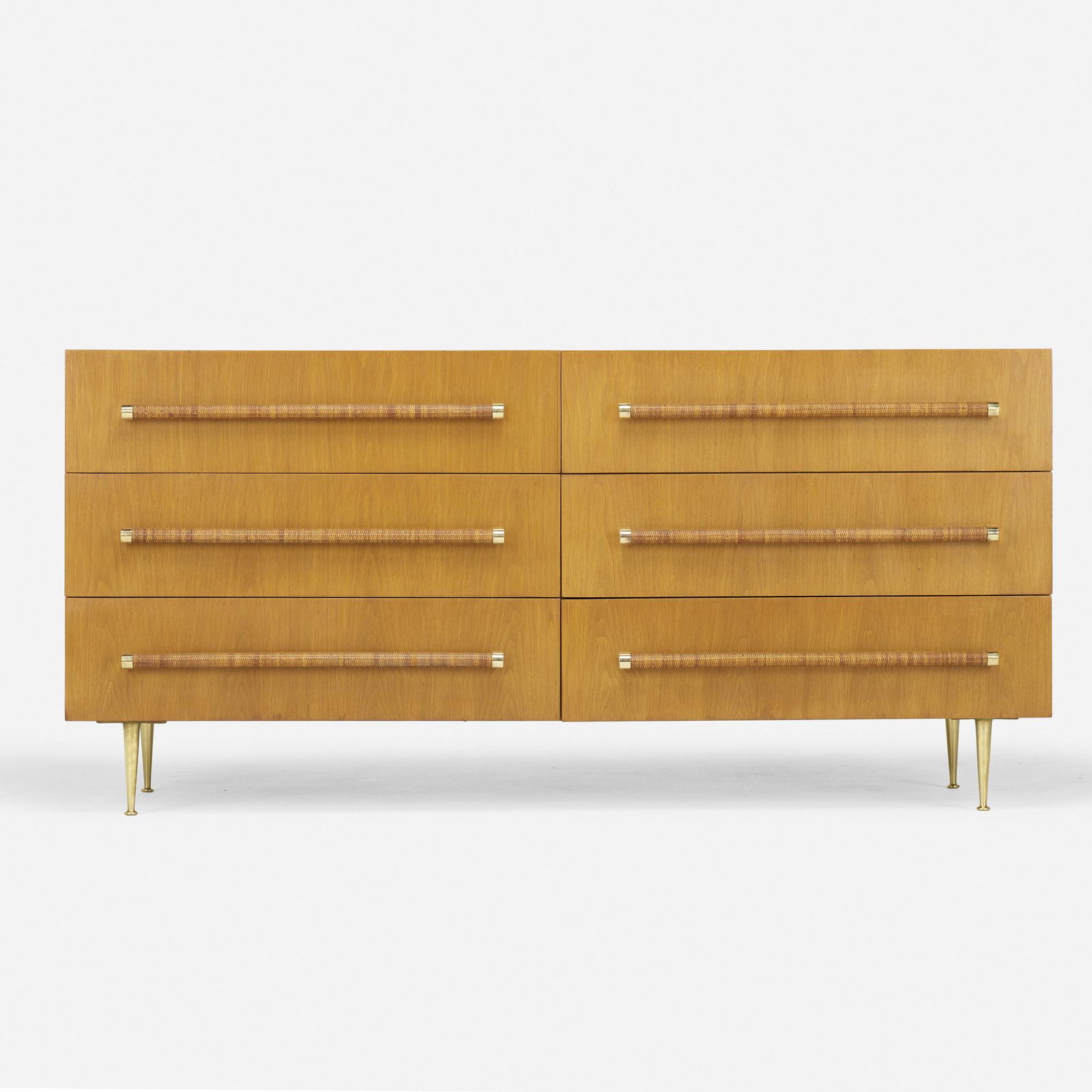 T.H. Robsjohn-Gibbings, Cabinet: T.H. Robsjohn-Gibbings Cabinet WiddicombUnited Kingdom / USA, 1953bleached walnut, brass, cane32.25 h × 68 w × 21.5 d in (82 × 173 × 55 cm) Cabinet features six draw