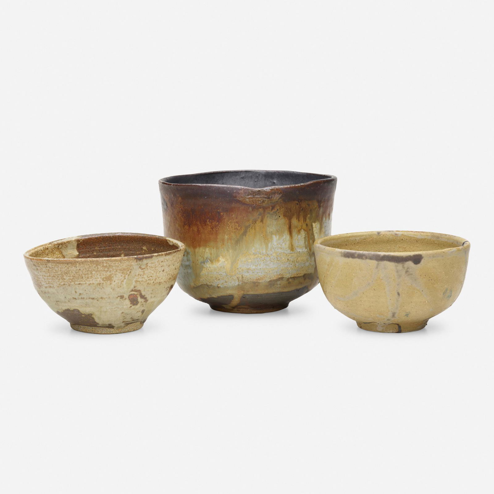 Toshiko Takaezu, Vessels, set of three: Toshiko Takaezu Vessels, set of three USA, c. 1970/1990/2000glazed earthenware4 h × 5.5 dia in (10 × 14 cm) One example features a heart design to the interior base. Two additi