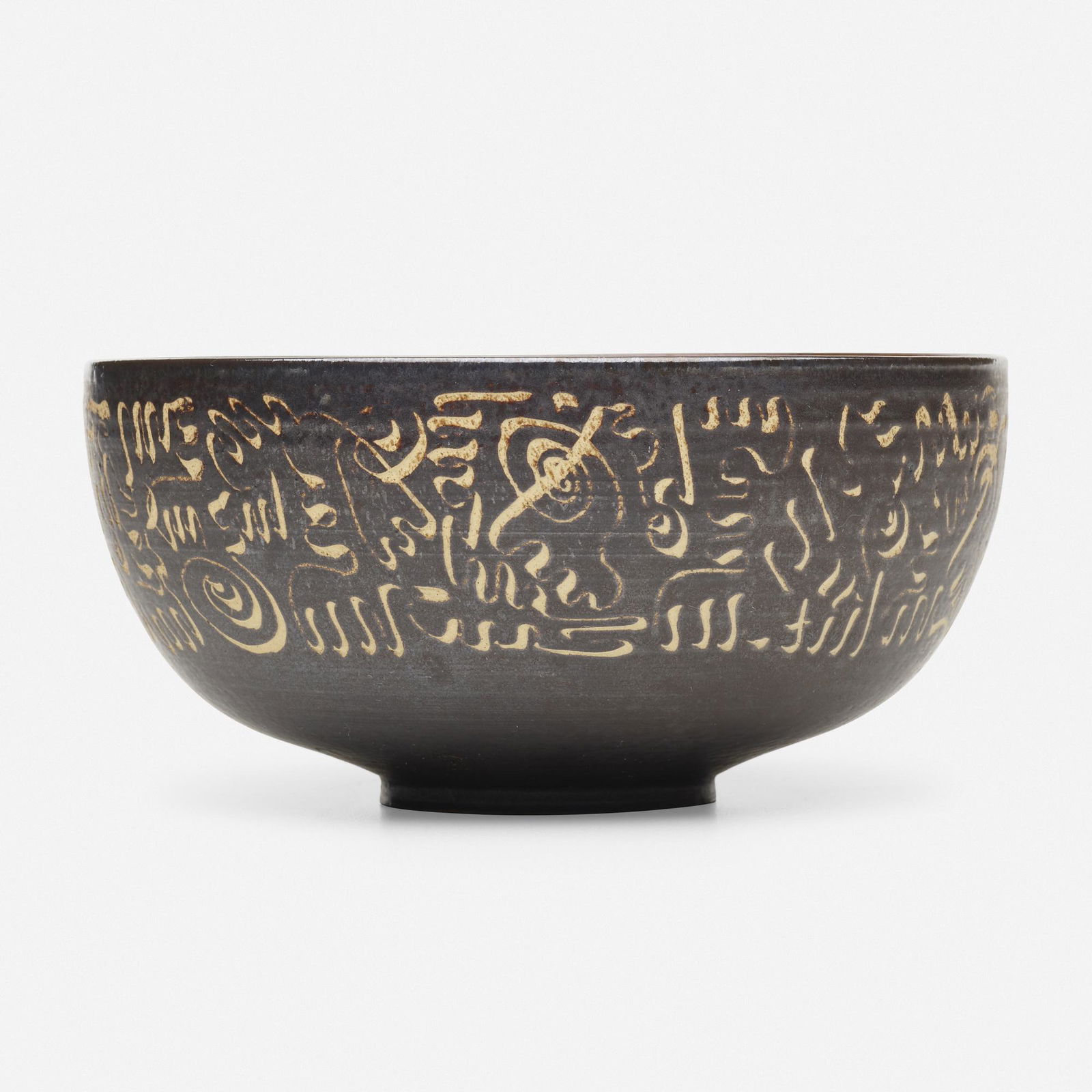 Edwin and Mary Scheier, Early bowl: Edwin and Mary Scheier Early bowl USA, c. 1955glazed stoneware with sgraffito decoration3.5 h × 7 dia in (9 × 18 cm) Incised signature to underside 'Scheier'. This