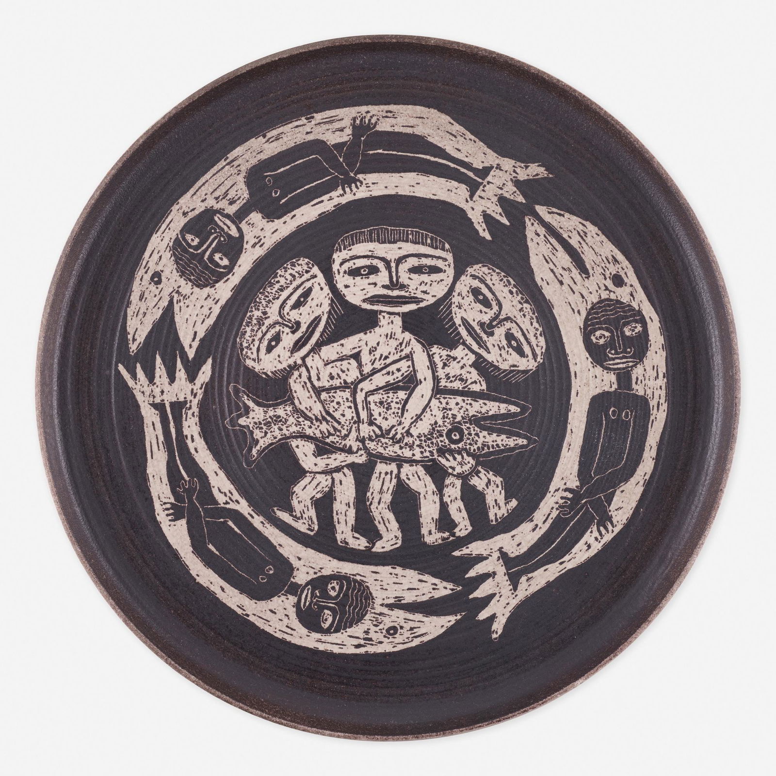 Edwin and Mary Scheier, Early and Large plate: Edwin and Mary Scheier Early and Large plate USA, c. 1955glazed stoneware with sgraffito decoration1 d × 16.75 dia in (3 × 43 cm) Incised signature to underside 'Scheier'.