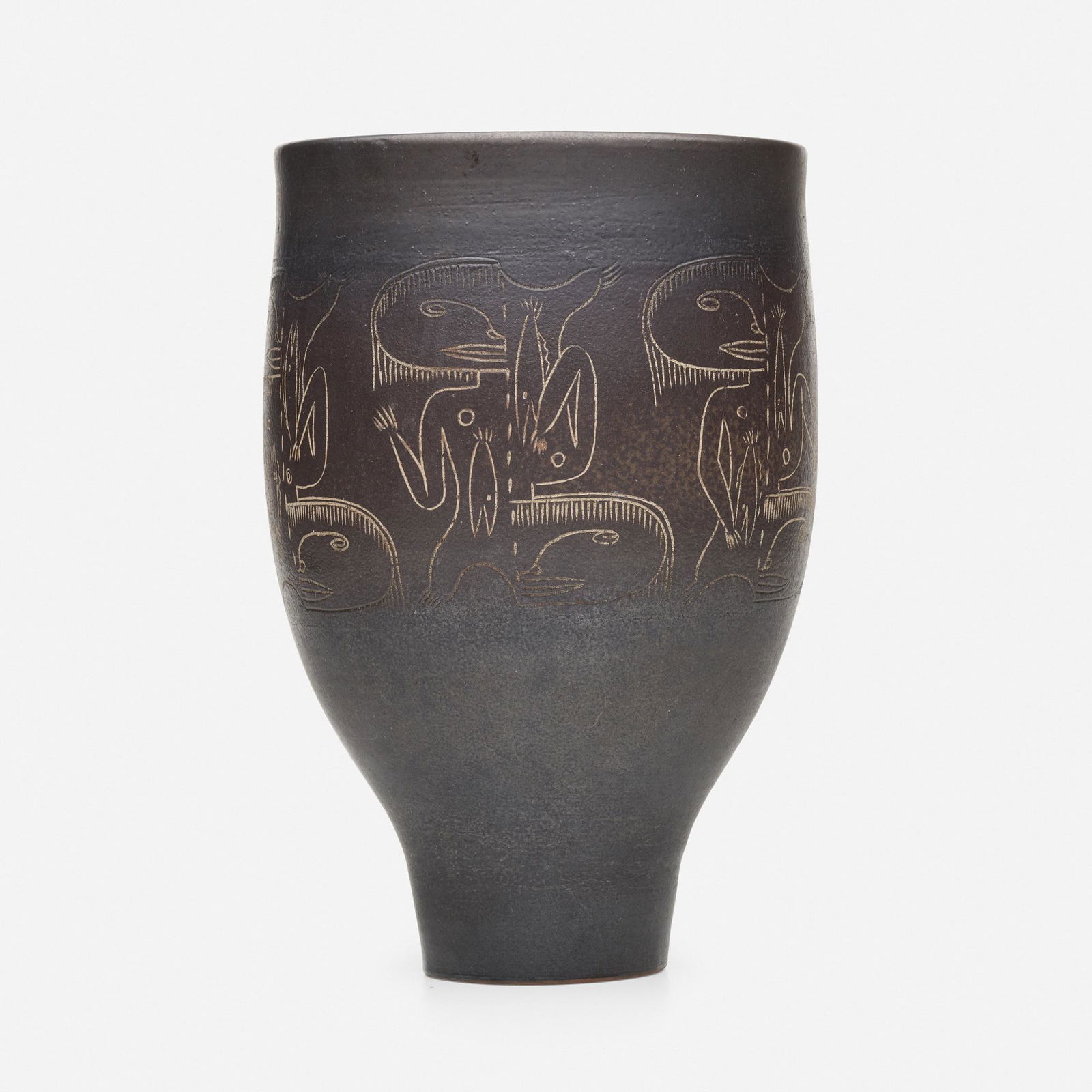 Edwin and Mary Scheier, Early chalice form: Edwin and Mary Scheier Early chalice form USA, c. 1955glazed stoneware with sgraffito decoration11.5 h × 7.5 dia in (29 × 19 cm) Incised signature to underside 'Scheier'.