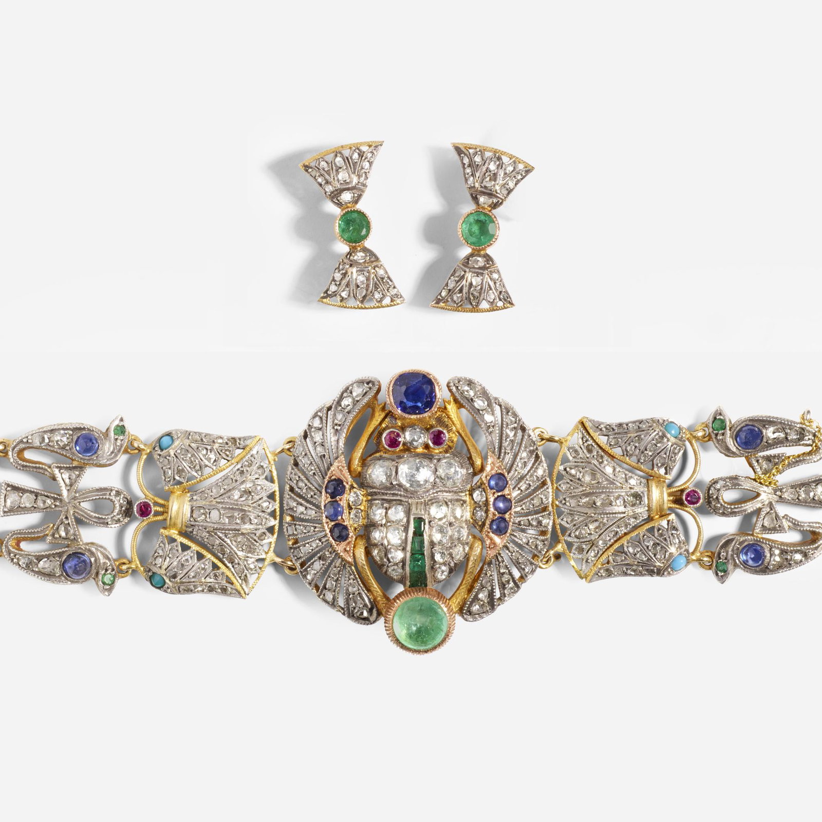 Diamond and gem-set scarab bracelet with earrings (1 of 3)