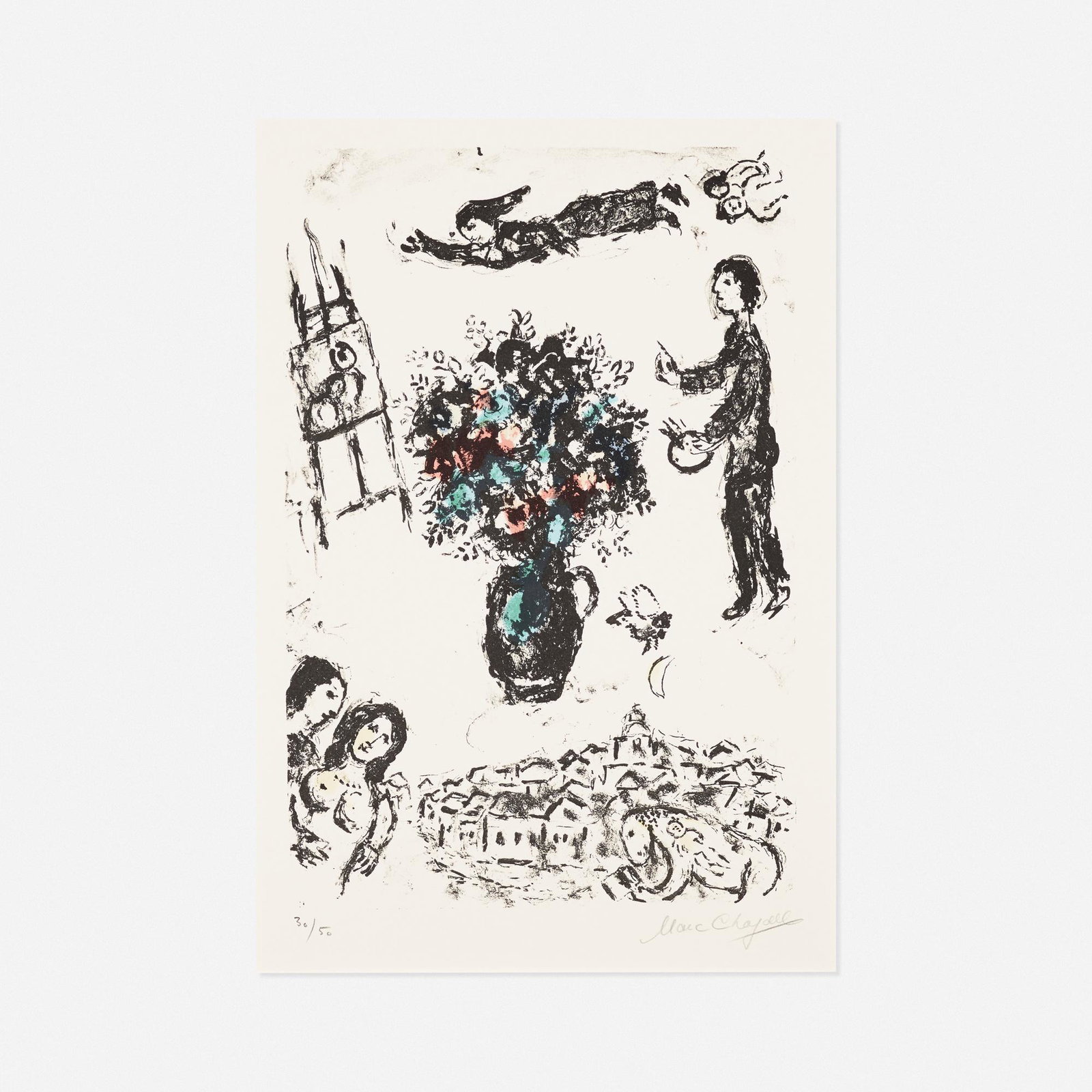 Marc Chagall, Bouquet sur la Ville: Marc Chagall Bouquet sur la Ville 1983 lithograph in colors 25.625 h × 18.625 w in (65 × 47 cm) Signed and numbered to lower edge '30/50 Marc Chagall'. This work is number 30 from the e