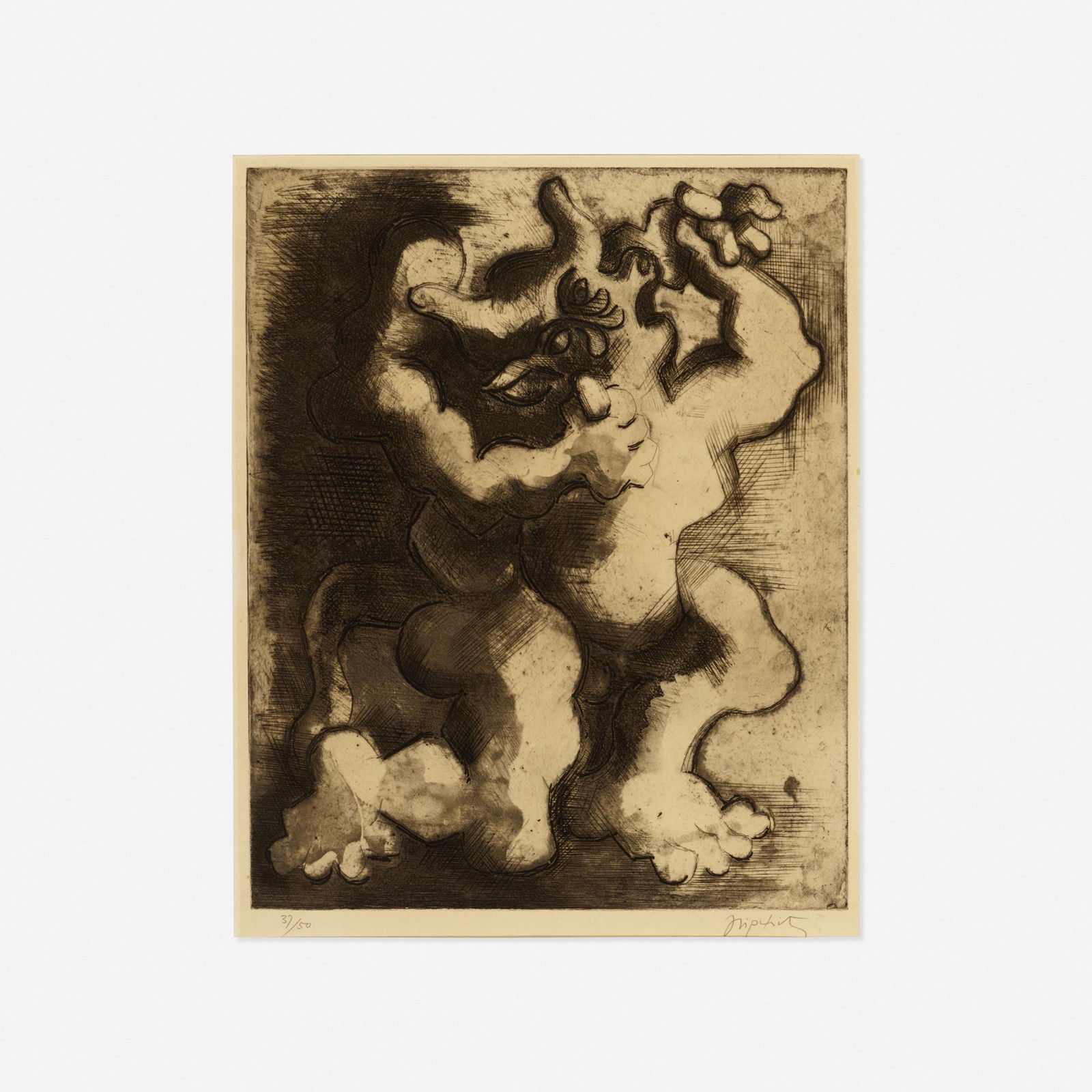 Jacques Lipchitz, Theseus and the Minotaur: Jacques Lipchitz Theseus and the Minotaur 1945etching and aquatint17.625 h × 12.25 w in (45 × 31 cm) Signed and numbered to lower right '37/50 Lipchitz'. This work is number 37 from t