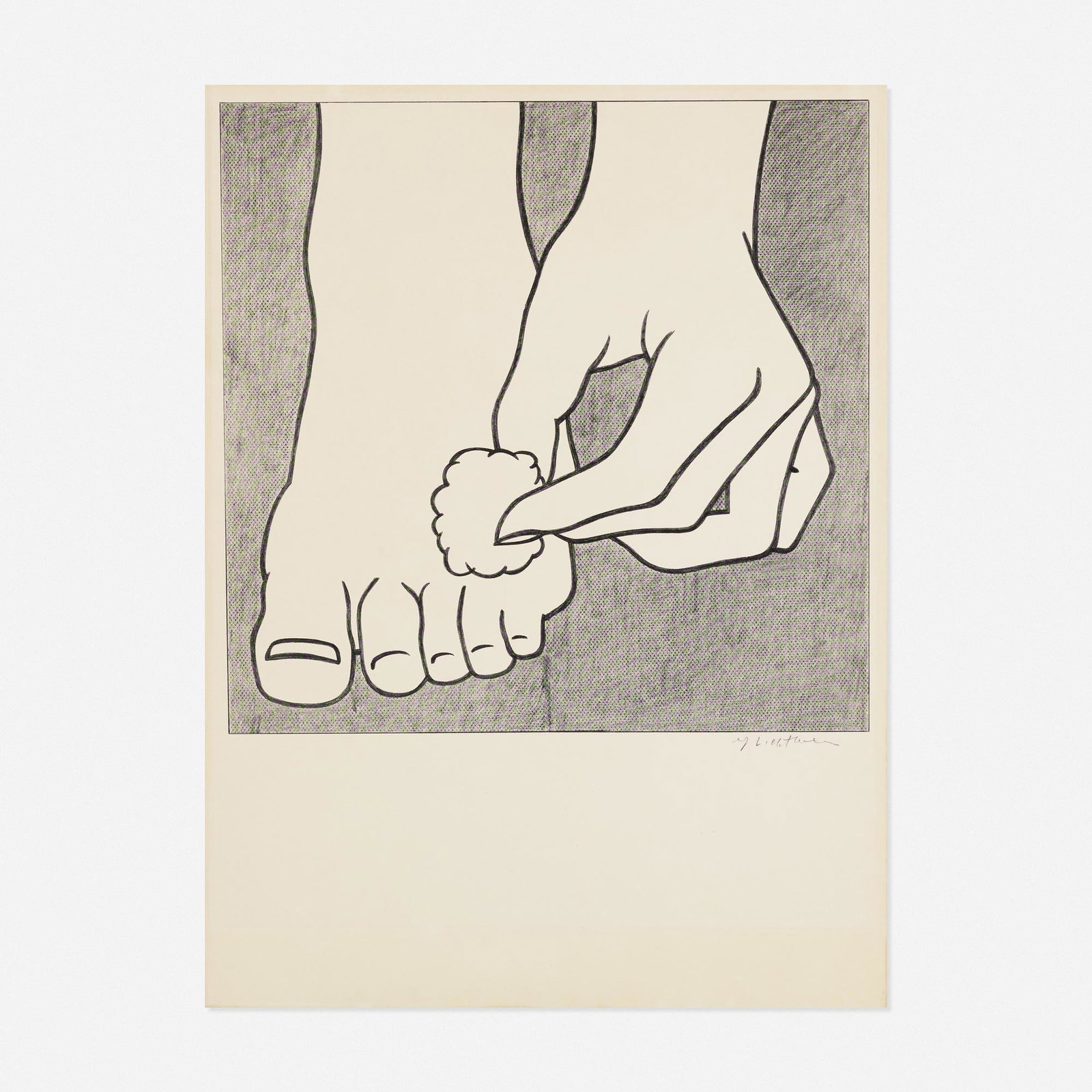 Roy Lichtenstein, Foot Medication: Roy Lichtenstein Foot Medication 1963 offset lithograph 22.875 h × 17 w in (58 × 43 cm) Signed to lower right 'Lichtenstein'. This work is from the edition of 100 published by Leo Caste