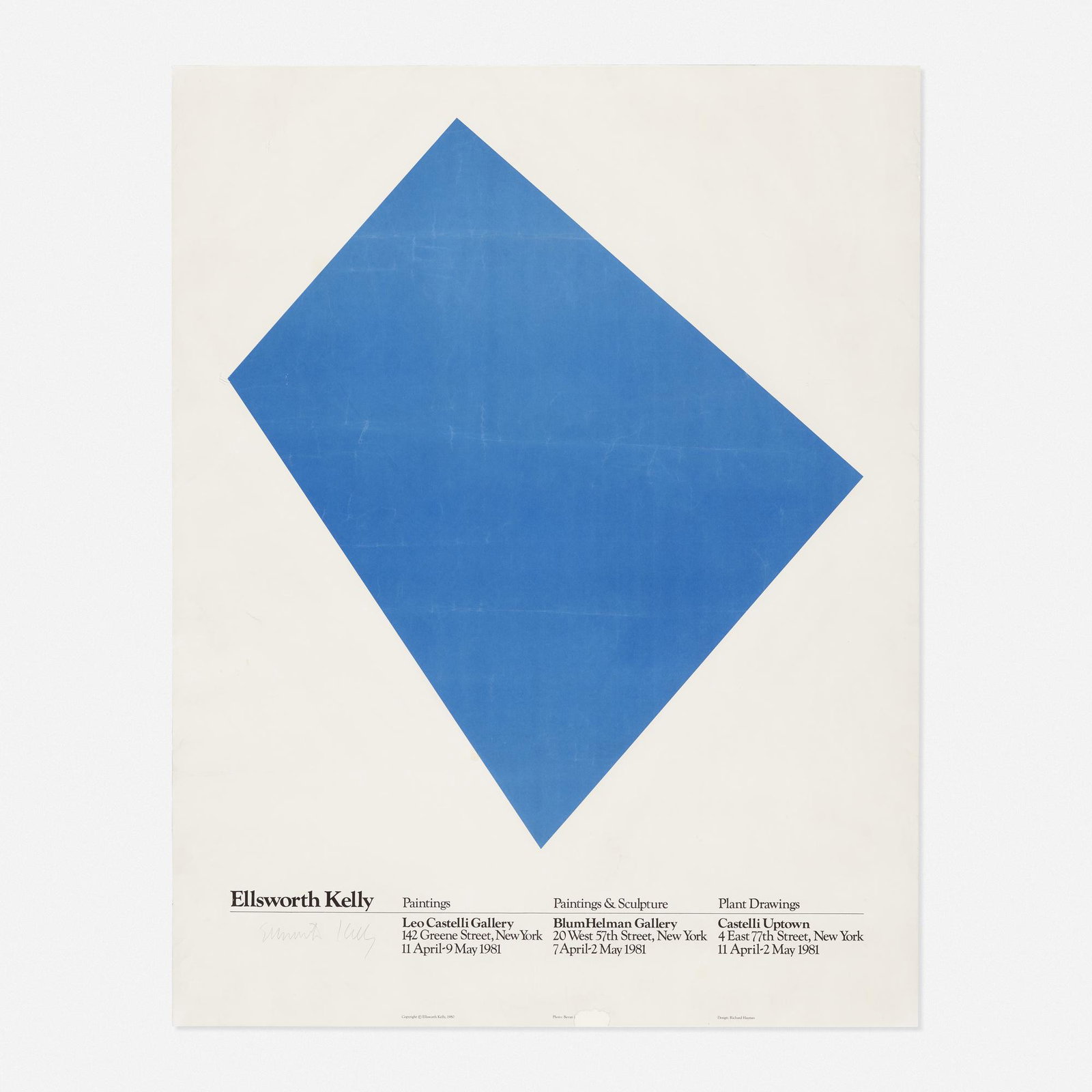 After Ellsworth Kelly, Leo Castelli Exhibition Poster: After Ellsworth Kelly Leo Castelli Exhibition Poster 1980 offset lithograph in colors 36 h × 27.75 w in (91 × 70 cm) Signed to lower left 'Ellsworth Kelly'. This poster was created