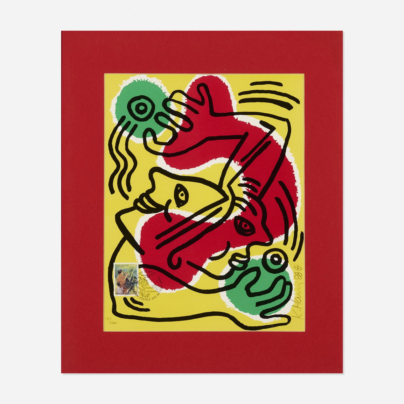 Keith Haring, International Volunteer Day: Keith Haring International Volunteer Day 1988 lithograph in colors 10.75 h × 8.25 w in (27 × 21 cm) Measurements are of sight. Signed, dated and numbered to lower left and right edg