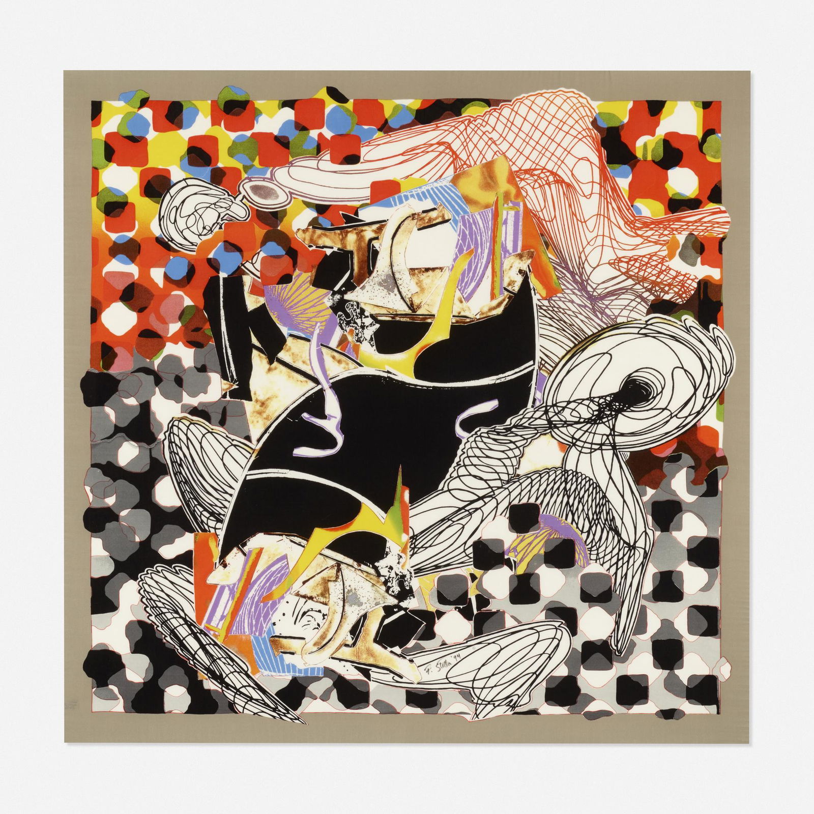 Frank Stella, The Whale Watch from the Moby Dick series: Frank Stella The Whale Watch from the Moby Dick series 1994screenprint on 100% Italian silk54 h × 54 w in (137 × 137 cm) Signed and dated to lower center 'F. Stella 94'. Signed and nu