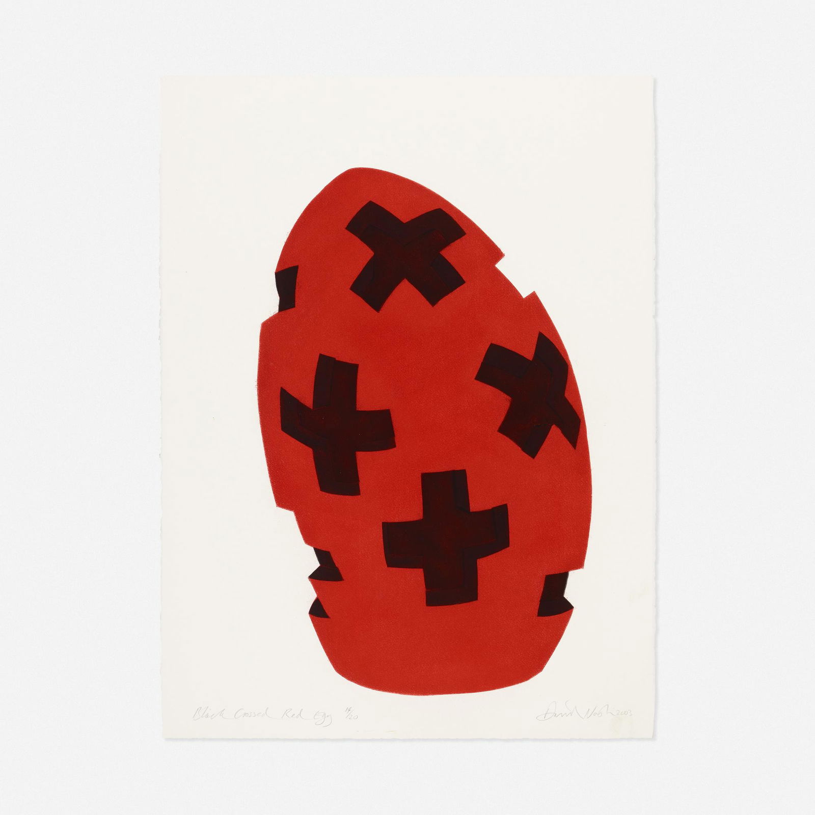 David Nash, Black Crossed Red Egg: David Nash Black Crossed Red Egg 2003pastel pochoir on paper30 h × 22.5 w in (76 × 57 cm) Signed, titled, dated and numbered to lower edge 'Black Crossed Red Egg 14/20 David Nash 2003