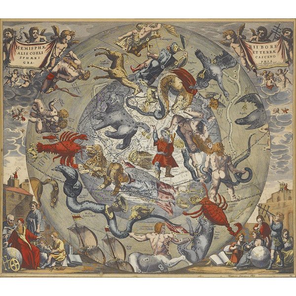 HENDRICK I HONDIUS (Dutch, 1573-1650) : HENDRIK HONDIUS (Dutch, 1615-1676) "Hemisphae Rii Bore Alis Coeli et Terrae," handcolored engraving (framed), 1661. Signed and dated in the plate. 16" x 18 1/2" plate.