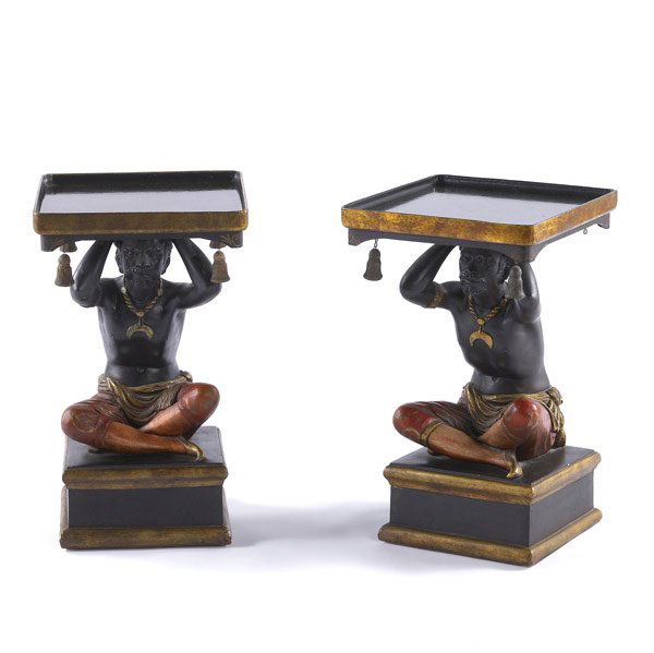 BLACKAMOOR TABLES: BLACKAMOOR TABLES Pair of decorative side tables with figures supporting removable square lacquered trays, 20th C. Missing two tassels. Signed Jo. Mead. 23 1/4'' x 13 1/2'' x 13 1/2''