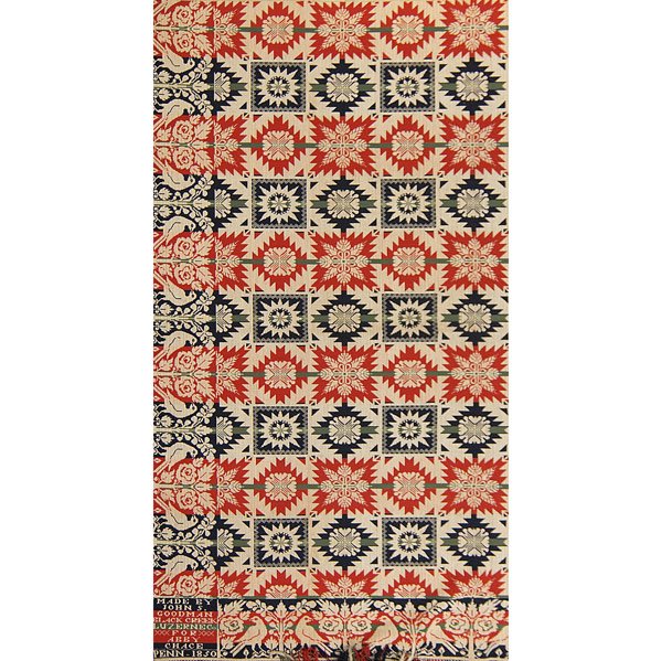 JACQUARD COVERLET: JACQUARD COVERLET Double woven made by John S. Goodman, Black Creek, Luzerne County, Pennsylvaia for Abby Chace, 1850. 84'' x 96''