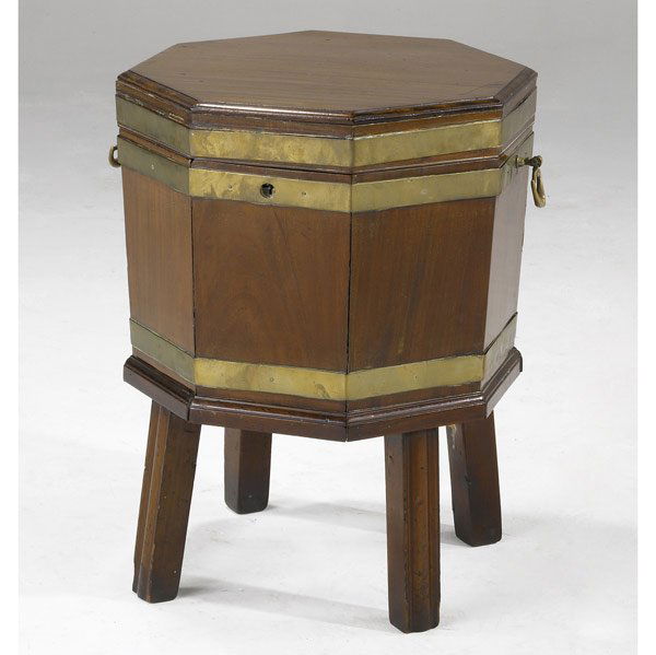 ENGLISH CELLARETTE: ENGLISH CELLARETTE Mahogany with brass bands, on stand, ca. 1760-1790. 24 1/2'' x 18 1/4''