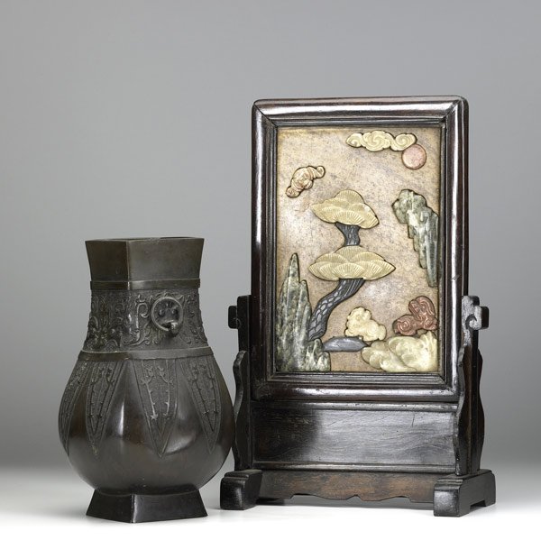 CHINESE ITEMS : CHINESE ITEMS Ring-handled bronze vase, 18th C., together with a table screen with hardstone decorated panel, 19th C. Screen: 16 1/2'' x 10'' x 5 1/2''
