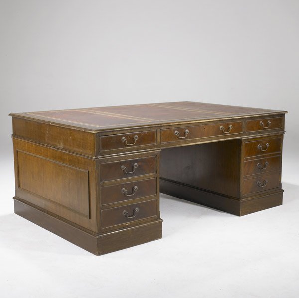 ENGLISH PARTNERS' DESK : ENGLISH PARTNERS' DESK Paneled mahogany with brass pulls, 20th C. 72'' x 48'' x 31''