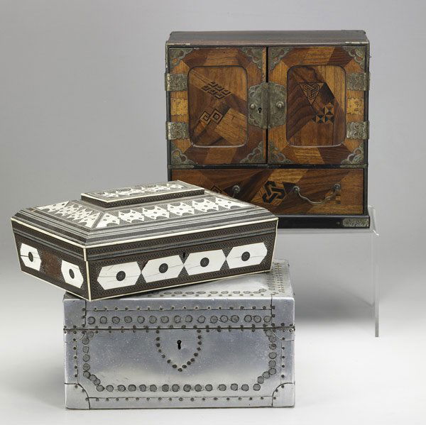DECORATIVE BOXES: DECORATIVE BOXES Three pieces include inlaid Asian jewelry box, metal covered document box and bone or ivory inlaid sewing box, 19th C. Largest: 12'' x 12 1/2'' x 6''