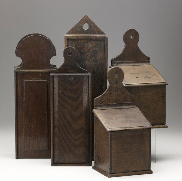 ENGLISH DECORATIVE BOXES: ENGLISH DECORATIVE BOXES Two salt boxes together with three candle boxes. Largest: 20'' 6 3/4'' x 4 1/4''