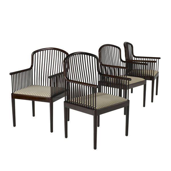 DAVIS ALLEN / STENDIG: DAVIS ALLEN / STENDIG Set of four Andover lacquered beechwood armchairs with fabric-upholstered seat pads. Stendig foil label, and upholstery tag. 36'' x 21 1/2'' x 21 1/2''