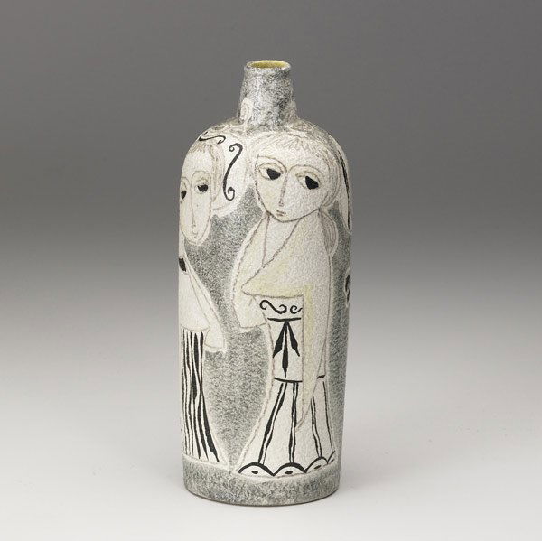 FANOTONI: FANOTONI Bottle-shaped vase decorated with elegant ladies, 20th C. Marked Fantoni for Raymor. 10'' x 4''