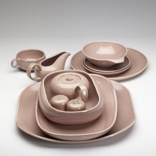 RUSSEL WRIGHT / STEUBENVILLE: RUSSEL WRIGHT / STEUBENVILLE Thirty-seven piece American Modern service in cantaloupe includes serving dishes, cups, saucers, dinner plates, side plates, soup bowls, salt & pepper, covered sugar and c